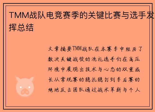 TMM战队电竞赛季的关键比赛与选手发挥总结